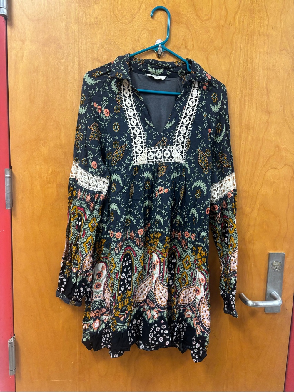 Boho Floral Lace-Trim Long Sleeve Dress - Black Floral